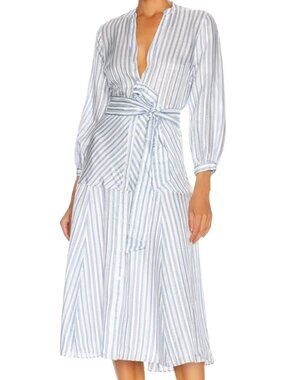 NWT $595 Veronica Beard Jenna Silk Linen Button Down Midi Dress 14 Blue White